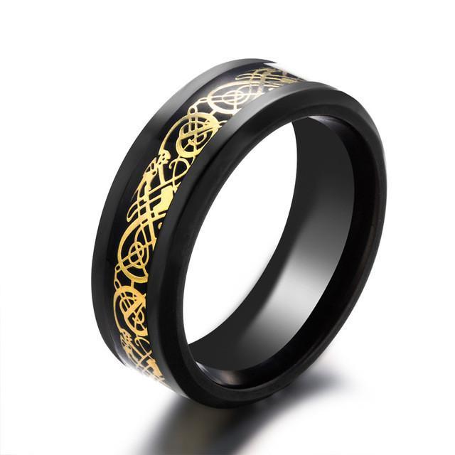 Mens Black Gold Carbon Fiber Dragon Ring