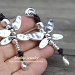 Dragonfly Antique Silver Plated Leather Earrings