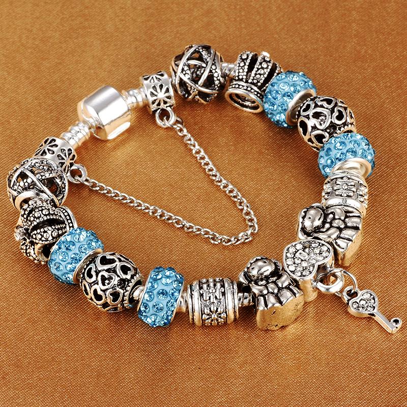 Authentic Silver Plated 925 Crown Beads Crystal Heart Charm Bracelet