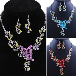 Butterfly Boho Flower Rhinestone Summer  Necklace & Earrings