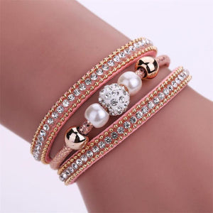 Natural Multi-layer  Crystal Beaded Leather Bracelet