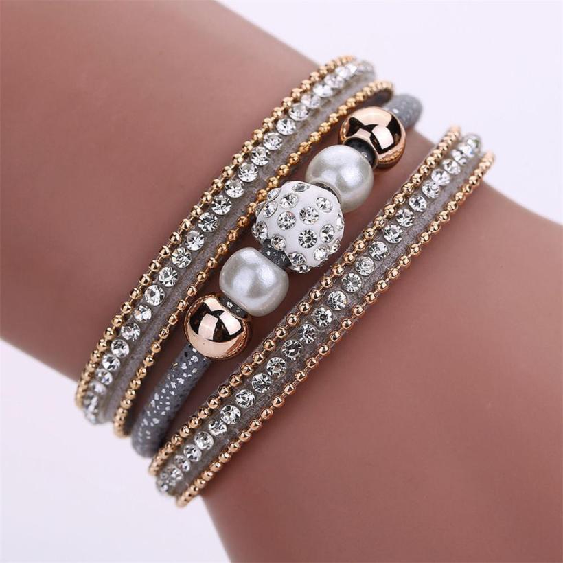 Natural Multi-layer  Crystal Beaded Leather Bracelet