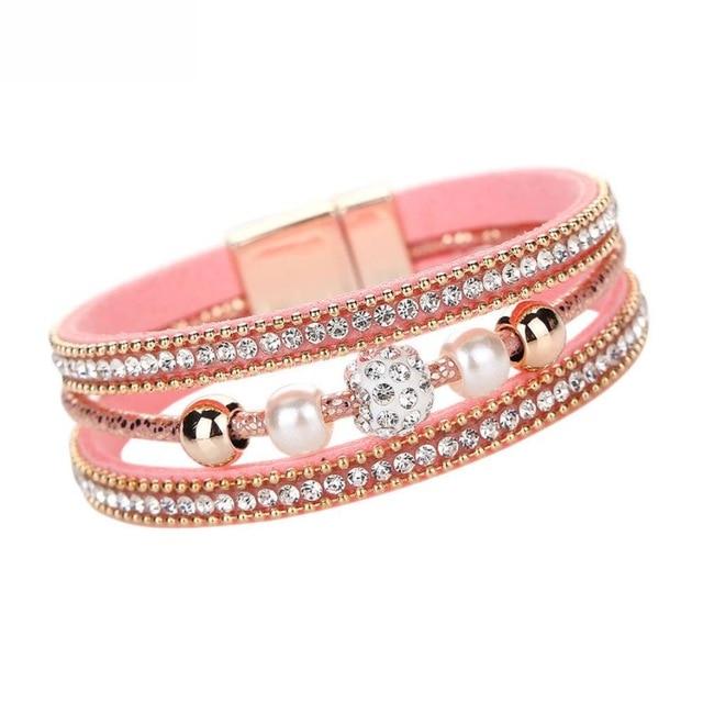 Natural Multi-layer  Crystal Beaded Leather Bracelet