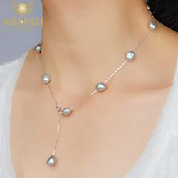 Genuine 925 Sterling Silver Pendant with 9-10mm White Gray Natural Freshwater Baroque Pearls